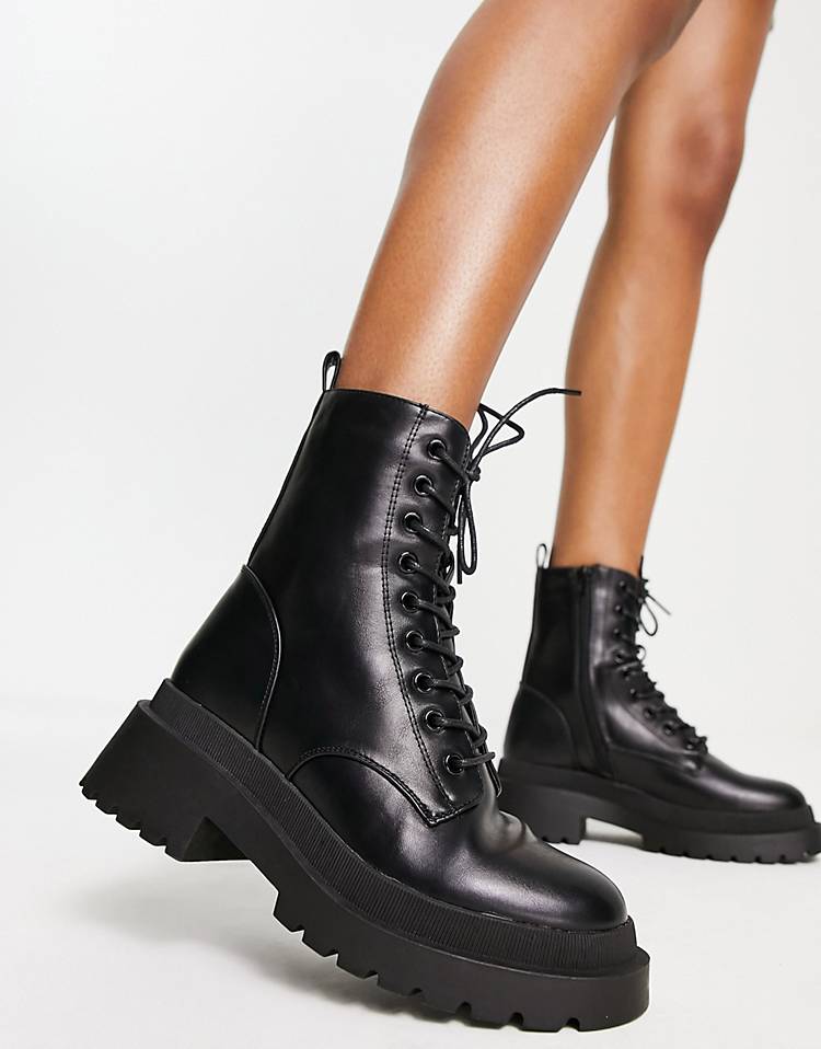 New Look flat high ankle lace-up boots in black